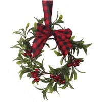 Red Misteltoe Wreath with Red Black Gingham Bow 30cm