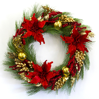Red Poinsettia with Gold  and Berries  Wreath 65cm