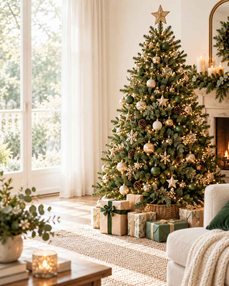 Decorated real Christmas tree in a bright festive home