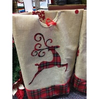 Hessian  Tree Skirt with Tartan Reindeer 107cm