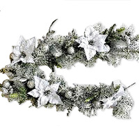 Snow Tipped Garland with Silver Poinsettia and Bauble 180cm