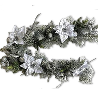 Snow Tipped Garland with Silver Poinsettia and Bauble 180cm