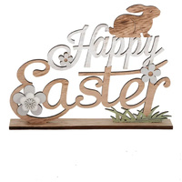 Happy  Easter Sign with Bunny and Flowers