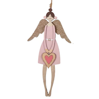 Large Pink Timber Hanging Angel 33cm