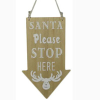 Natural Santa Stop Here Hanger- White Reindeer