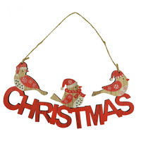 Red Christmas Sign with Birds 22 x 9 cm