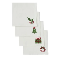 White Embroidered Christmas Motif Linen Napkin 4pk