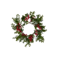 Red Berry and Mixed Green Foliage Candle Ring or Small Wreath 30cm