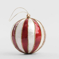 Red and White Stripe Handpainted Capiz Christmas Hanging Bauble