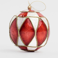 Red and White Diamond Handpainted Capiz Christmas Hanging Bauble