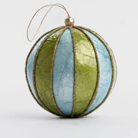 Blue and Green Stripe  Handpainted Capiz Christmas Hanging Bauble