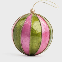 Pink and Green Stripe  Handpainted Capiz Christmas Hanging Bauble