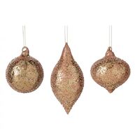Pink Copper Sugared Glass Hanging Ornaments 3 pc