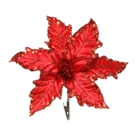 Red Poinsettia Clip  with Glitter Sequin Tips 25cm