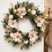 Champagne and Gold Magnolia 50LED Christmas Wreath 76cm