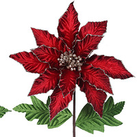Burgundy Red  Fabric  Poinsettia Stem  with Leaf  55cm