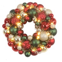 Multi colour Bauble Wreath  with Tinsel and  20 Warm White LED Lights