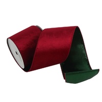 Red Velvet Ribbon with Green Underlay and  Wire Edge