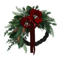 Red Magnolia, Fern and Faux Willow Christmas Wreath 60cm