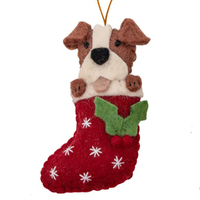 Felt Brown Staffy in Stocking Christmas Decoration. 12cm