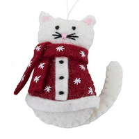 Felt White Cat  in Christmas Coat Christmas Decoration. 12cm