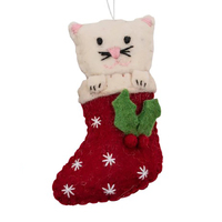 Felt White Cat  in Stocking Christmas Decoration. 12cm