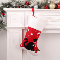 Red Felt Cat Christmas Stocking with White Fur Cuff
