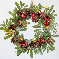 Foliage, Pine Cone and Red Bell  LED Wreath 33cm