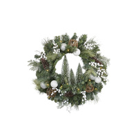 LED Wreath with Silver , White and Rattan Baubles and Forest Scene 77cm