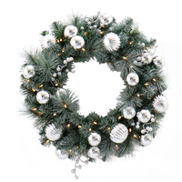 Frosted Pine Illuminated Wreath with Silver Baubles. 61cm