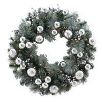 Frosted Pine Illuminated Wreath with Silver Baubles 76cm