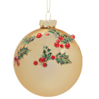 Gold with Holly Glass Christmas Bauble 8cm