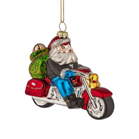 Vintage Motorcycling Santa Glass Christmas Decoration 11cm