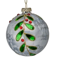 White Painted Glass with Green and Red Jewel Leaf Christmas Bauble 8cm