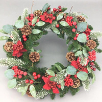 Frosted Pine, Poinsettia and Pinecone Wreath 50cm