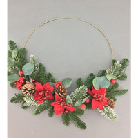 Frosted Mixed Foliage,  Poinsettia,  Berry and Pinecone Half Wreath 40cm