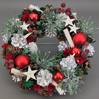 Natural  and White Pinecones with Red Bauble Wreath 33cm