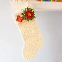 White Felt Christmas Stocking with Flower.