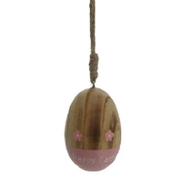 Hanging Easter Wooden Egg - Pink Flowers