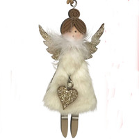  White Fluffy Angel Timber Hanging Decoration 12cm