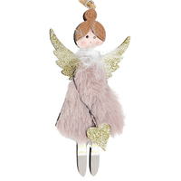 Pink Fluffy Angel  with Gold Heart MDF Hanging Decoration 12cm