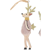 Pink Fluffy  Reindeer with Gold Star MDF Hanging Decoration 15cm