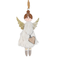 White Fluffy Angel  with Gold Heart MDF Hanging Decoration 12cm