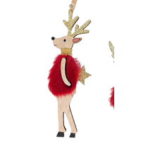 Red Fluffy Reindeer  with Gold Star MDF Hanging Decoration 15cm