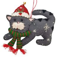 Playful Grey Christmas Cat Fabric Hanging Decoration