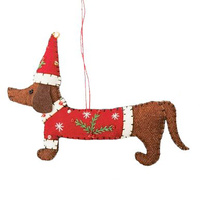 Playful Fabric Christmas Dog with Holly Hanging Decoration