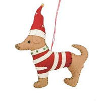 Playful Fabric Christmas Dog with Stripes Hanging Decoration