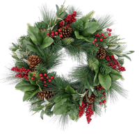 Mixed Green Foliage, Red Berry and Magnolia Tip Christmas Wreath  55cm