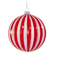 Red and White Ribbed Glass Christmas Bauble 10cm