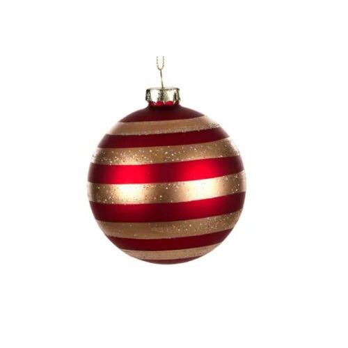 Red Gold Stripe Glass Bauble 8cm